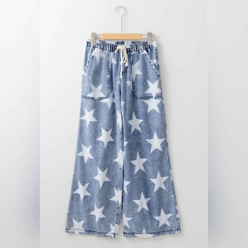 Light Blue Star Print Light Wash Drawstring High Waist Wide Leg Jeans - Picture 2 of 11